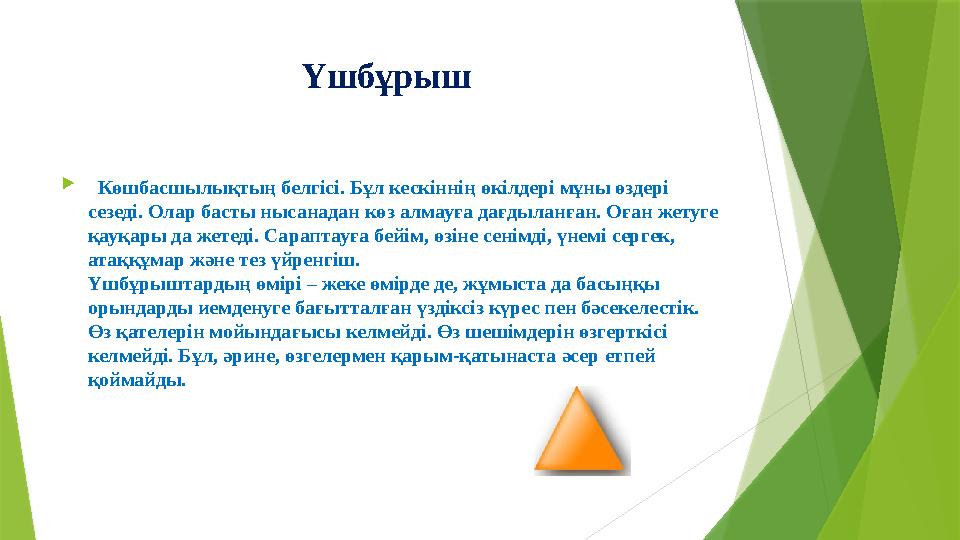 Үшбұрыш  Көшбасшылықтың белгісі. Бұл кескіннің өкілдері мұны өздері сезеді. Олар баст