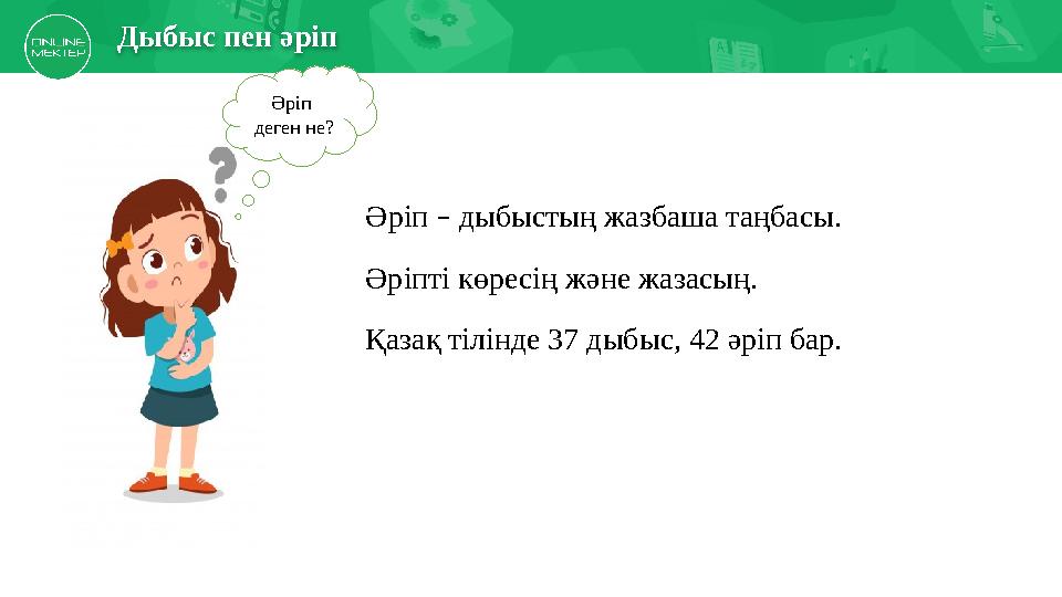 Дыбыс пен әріп Әріп – дыбыстың жазбаша таңбасы. Әріп деген не? Әріпті көресің және жазасың. Қазақ тілінде 37 дыбыс, 42 әр