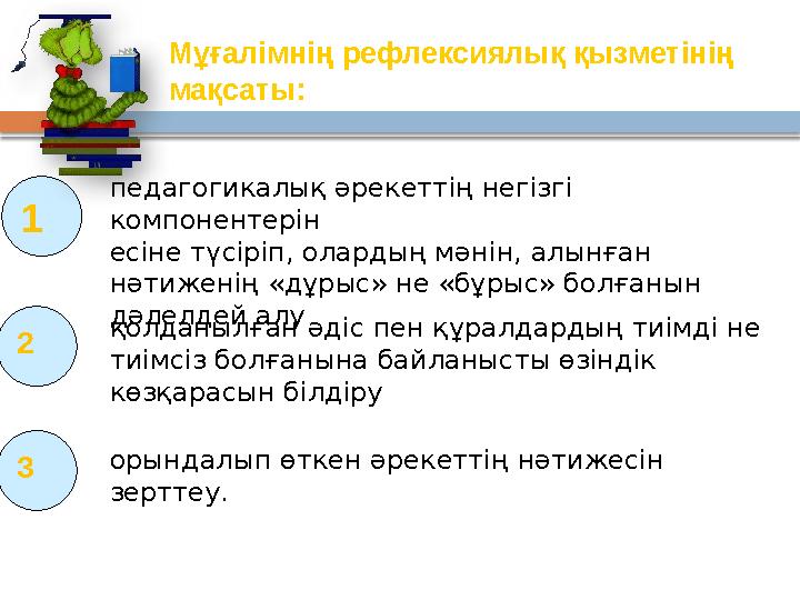 Мұғалімнің рефлексиялық қызметінің мақсаты: 1 педагогикалық әрекеттің негізгі компонентерін есіне түсіріп, олардың мәнін,