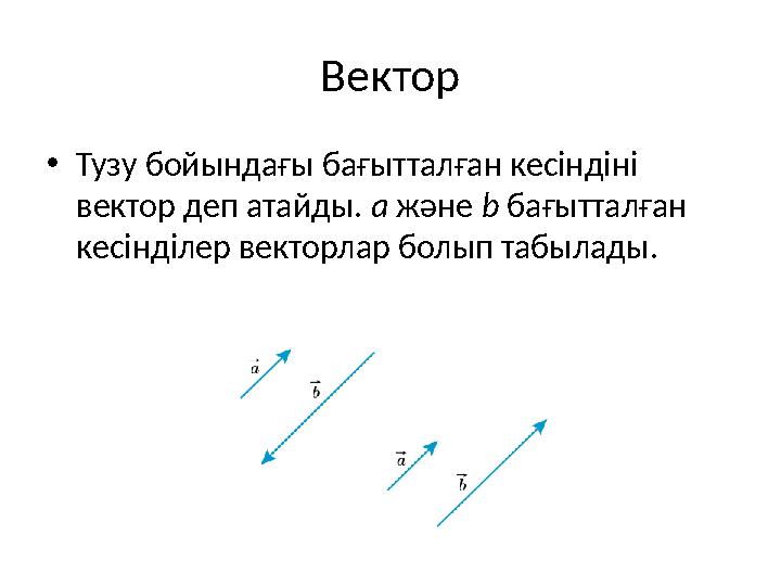 Вектор •Тузу бойындағы бағытталған кесіндіні вектор деп атайды. а және b бағытталған кесінділер векторлар болып табылады.