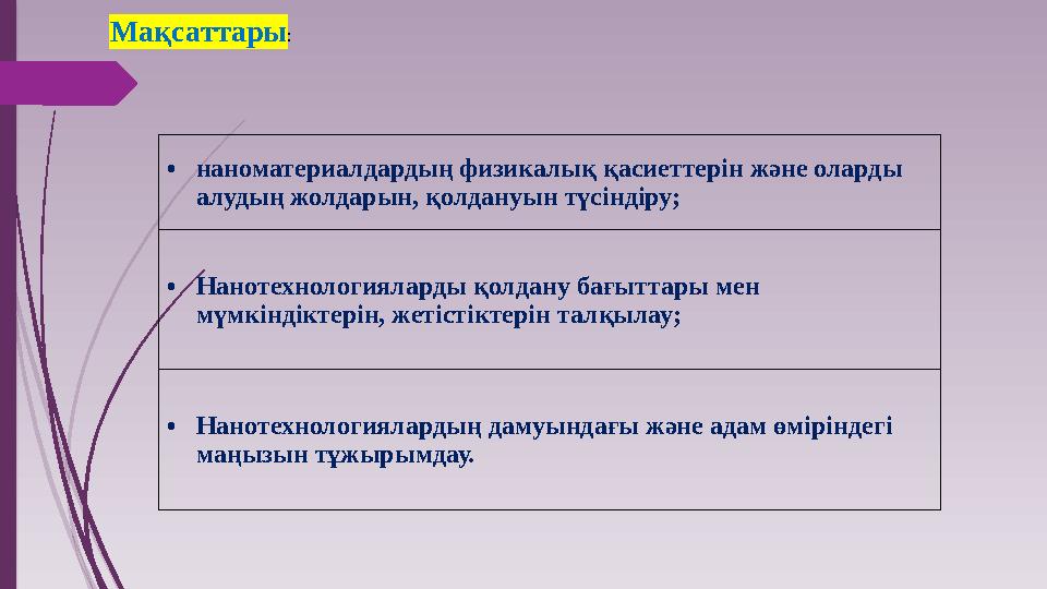 Мақсаттары: •наноматериалдардың физикалық қасиеттерін және оларды алудың жолдарын, қолдануын түсіндіру; •Нанотехно