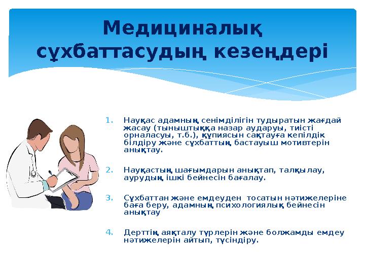 1.Науқас адамның сенімділігін тудыратын жағдай жасау (тыныштыққа назар аударуы, тиісті орналасуы, т.б.), құпиясын сақтауға к