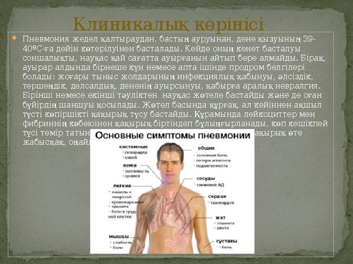Клиникалық көрінісі Пневмония жедел қалтыраудан, бастың ауруынан, дене қызуының 39- 40ºС-ға дейін көтерілуінен басталады. Кейде