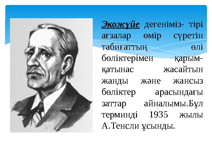 Экожүйе дегеніміз- тірі ағзалар өмір сүретін табиғаттың өлі бөліктерімен қарым- қатынас жасайтын жанды және жансыз бөлікт