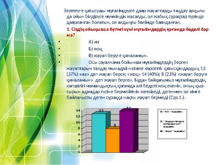 Зерттеуге қатысушы мұғалімдерге даяр жауаптарды таңдау арқылы да ойын білдіруге мүмкіндік жасалды, ол жабық сұрақтар түрінд