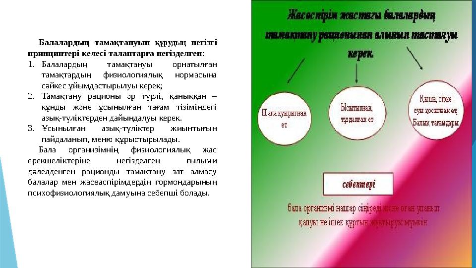 Балалардың тамақтануын құрудың негізгі принциптері келесі талаптарға негізделген : 1. Балалардың тамақтануы орнатылған та
