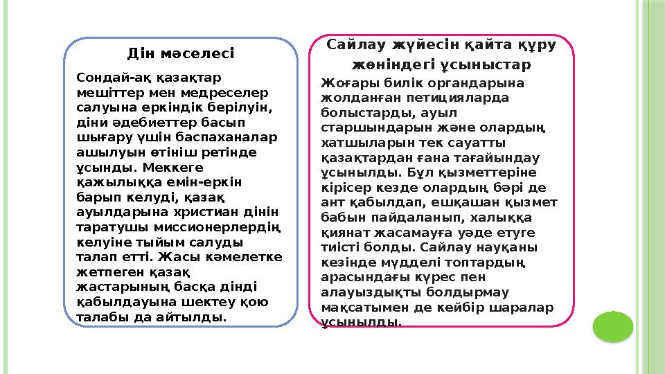 Дін мәселесі Сондай-ақ қазақтар мешіттер мен медреселер салуына еркіндік берілуін, діни әдебиеттер басып шығару үшін баспаха