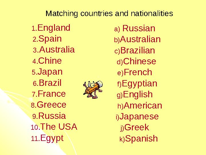 1. England 2. Spain 3 .Australia 4. Chine 5. Japan 6. Brazil 7. France 8. Greece 9. Russia 10.