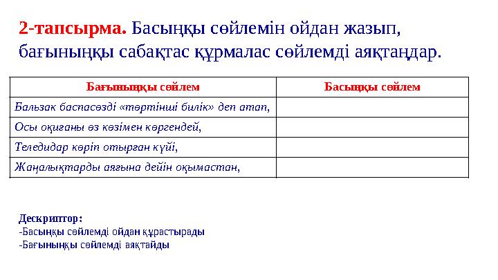 2-тапсырма. Басыңқы сөйлемін ойдан жазып, бағыныңқы сабақтас құрмалас сөйлемді аяқтаңдар. Бағыныңқы сөйлем Басыңқы сөйлем Бал