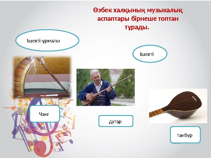 Өзбек халқының музыкалық аспаптары бірнеше топтан тұрады. Чанг дутар танбур Ішекті-ұрмалы Ішекті