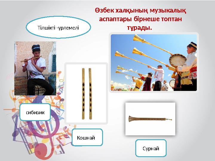 Өзбек халқының музыкалық аспаптары бірнеше топтан тұрады. сибизик Кошнай СурнайТілшікті -үрлемелі