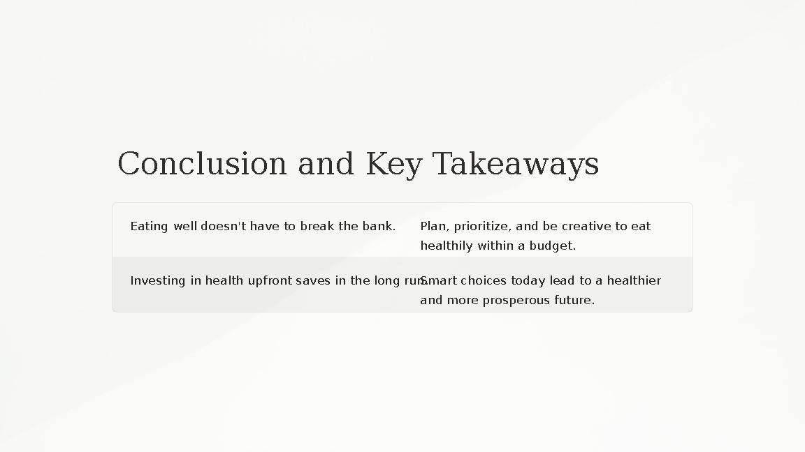 Conclusion and Key Takeaways Eating well doesn't have to break the bank. Plan, prioritize, and be creative to eat healthily wit