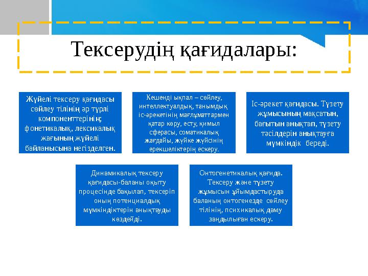 Тексерудің қағидалары: Жүйелі тексеру қағидасы сөйлеу тілінің әр түрлі компоненттерінің; фонетикалық, лексикалық жағының жүй