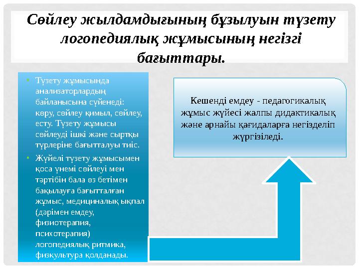 Сөйлеу жылдамдығының бұзылуын түзету логопедиялық жұмысының негізгі бағыттары. • Түзету жұмысында анализаторлардың байланысы