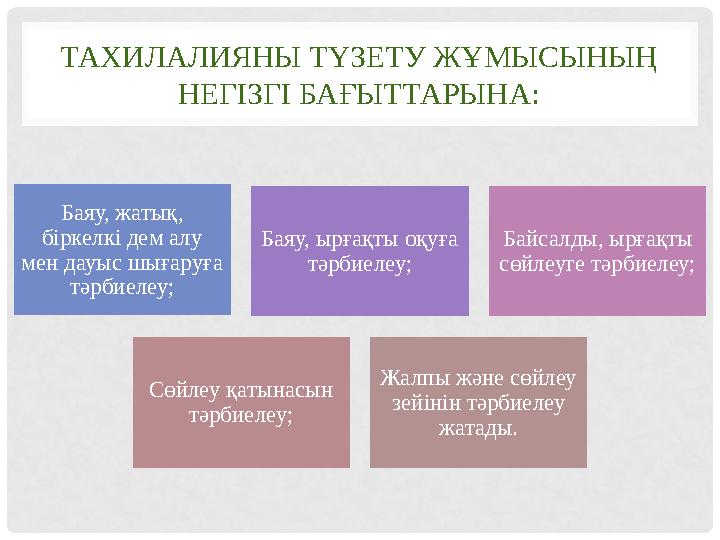 ТАХИЛАЛИЯНЫ ТҮЗЕТУ ЖҰМЫСЫНЫҢ НЕГІЗГІ БАҒЫТТАРЫНА: Баяу, жатық, біркелкі дем алу мен дауыс шығаруға тәрбиелеу; Баяу, ырғақты