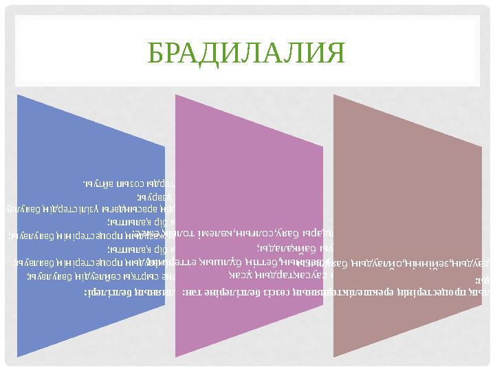 БРАДИЛАЛИЯБрадилалияның белгілері: • Ішкі және сыртқы сөйлеудің баяулауы; • Оқу мен жазудың процестер інің баялауы; • Дауысы