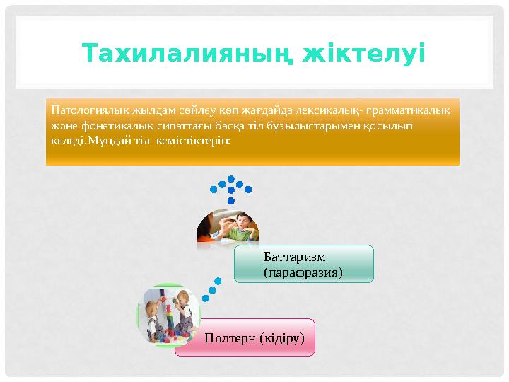 Тахилалияның жіктелуі Полтерн (кідіру) Баттаризм (парафразия)Патологиялық жылдам сөйлеу көп жағдайда лексикалық- грамматикалық