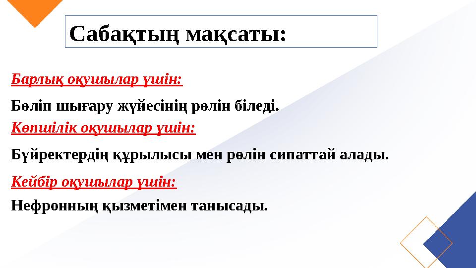 Сабақтың мақсаты: Барлық оқушылар үшін: Бөліп шығару жүйесінің рөлін біледі. Көпшілік оқушылар үшін: Бүйректердің құрылысы мен р