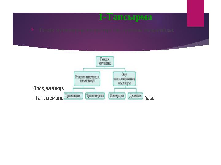 1-Тапсырма  Гендік мутациялық өзгерістері бар сызбаны талқылайды. Дескриптор: Жалпы - 3 балл. -Тапсырманы талдайды