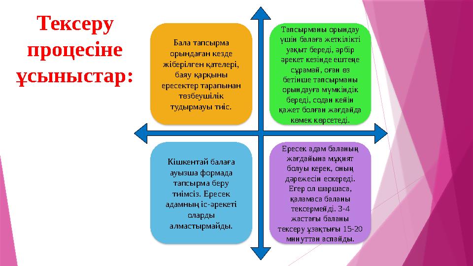 Тексеру процесіне ұсыныстар: Бала тапсырма орындаған кезде жіберілген қателері, баяу қарқыны ересектер тарапынан төзбеуші