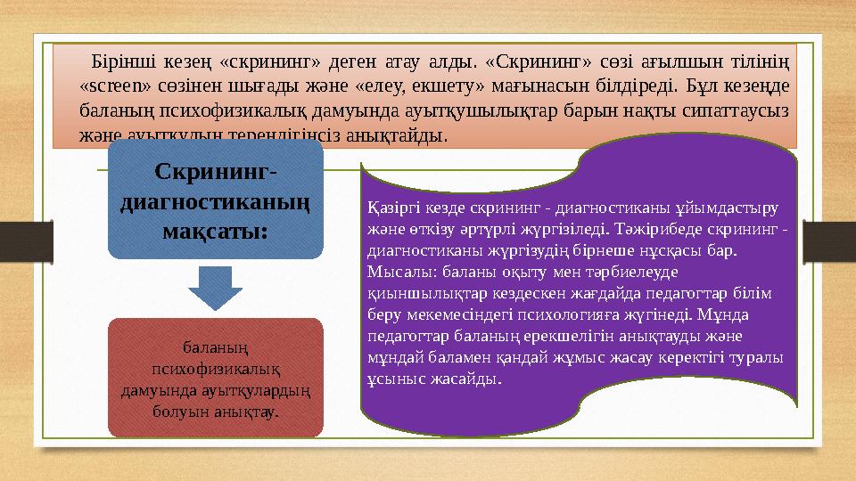Бірінші кезең «скрининг» деген атау алды. «Скрининг» сөзі ағылшын тілінің «screen» сөзінен шығады және «елеу,