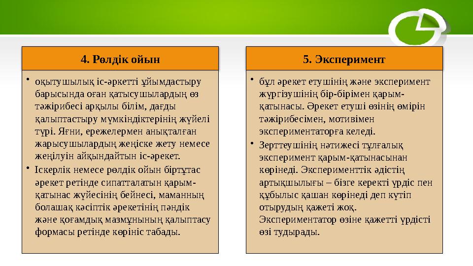 4. Рөлдік ойын • оқытушылық іс-әркетті ұйымдастыру барысында оған қатысушылардың өз тәжірибесі арқылы білім, дағды қалыптасты