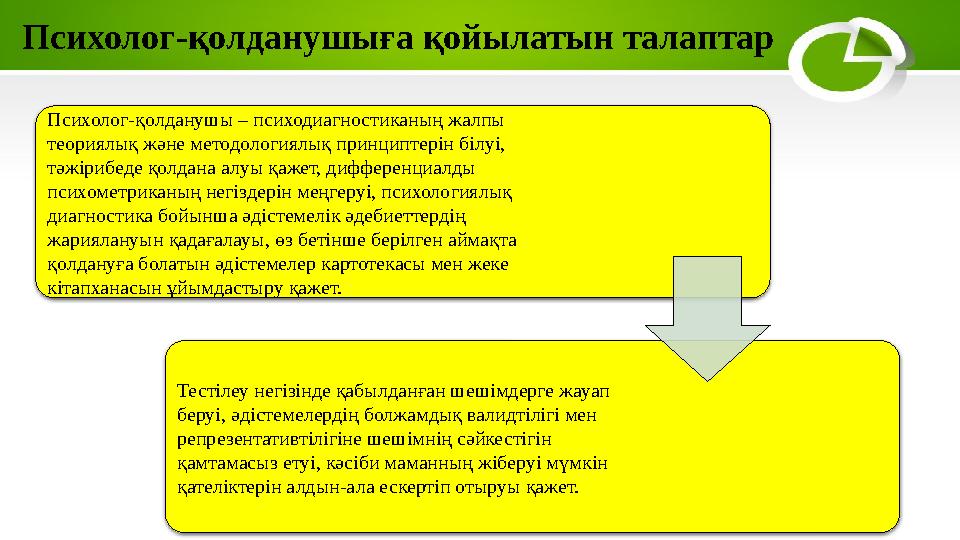 Психолог-қолданушы – психодиагностиканың жалпы теориялық және методологиялық принциптерін білуі, тәжірибеде қолдана алуы қажет