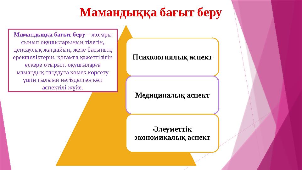 Мамандыққа бағыт беру Психологиялық аспект Медициналық аспект Әлеуметтік экономикалық аспектМамандыққа бағыт беру – жоғары сы