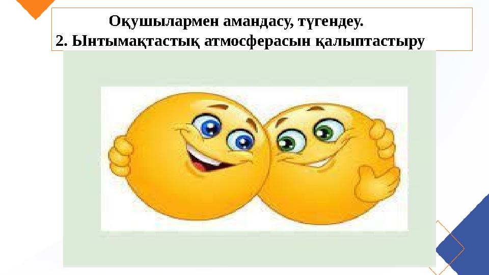 Оқушылармен амандасу, түгендеу. 2. Ынтымақтастық атмосферасын қалыптастыру