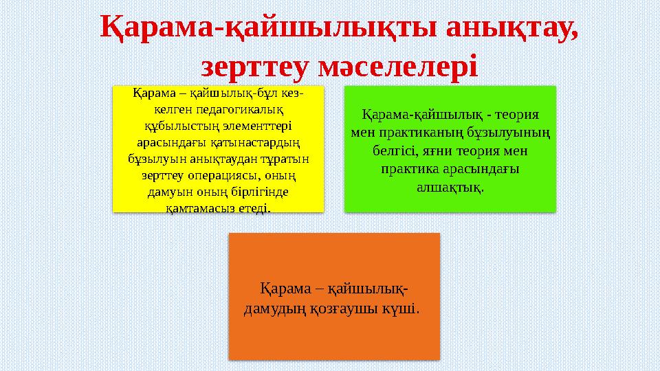Қарама-қайшылықты анықтау, зерттеу мәселелері Қарама – қайшылық-бұл кез- келген педагогикалық құбылыстың элементтері арасында