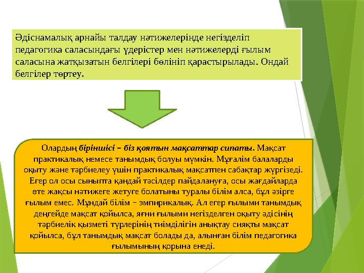 Әдіснамалық арнайы талдау нәтижелерінде негізделіп педагогика саласындағы үдерістер мен нәтижелерді ғылым саласына жатқызатын