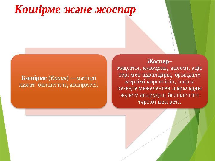 Көшірме ( Копия ) —мәтінді құжат бөлшегінің көшірмесі; Жоспар – мақсаты‚ мазмұны‚ көлемі‚ әдіс тері мен құралдары‚ орындалу