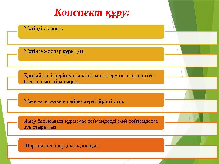 Конспект құру: Мәтінді оқыңыз. Мәтінге жоспар құрыңыз. Қандай бөліктерін мағынасының өзгеруінсіз қысқартуға болатынын ойланыңыз