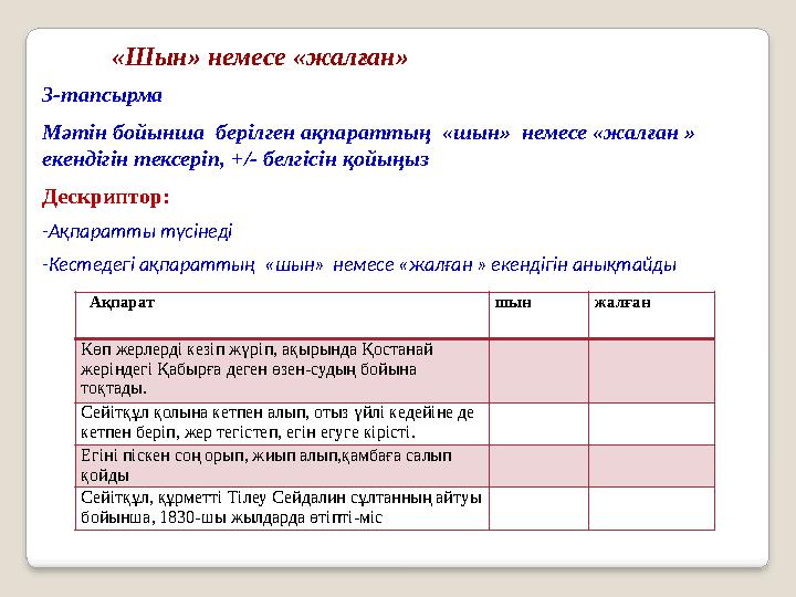 3-тапсырма Мәтін бойынша берілген ақпараттың «шын» немесе «жалған » екендігін тексеріп, +/- белгісін қойыңыз Дескриптор: - А