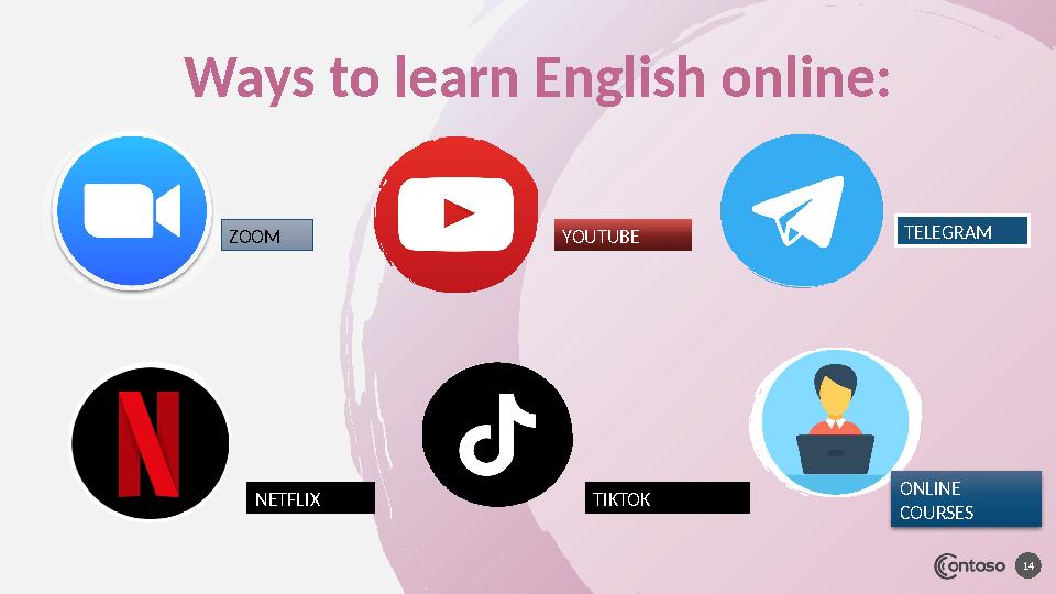 14ZOOM YOUTUBE TELEGRAM NETFLIX Т IKTOK ONLINE COURSESWays to learn English online: