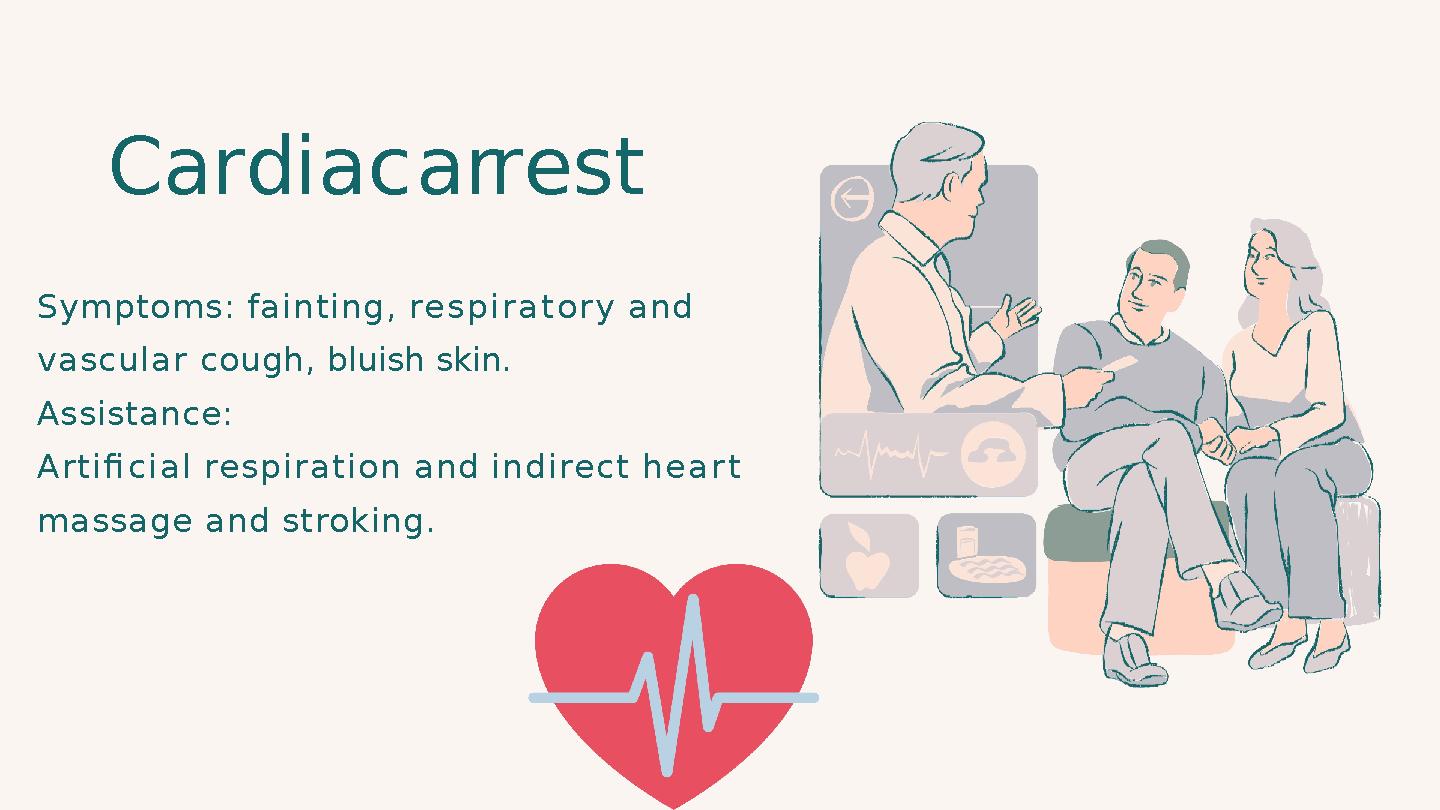 C a r d i a c a rr e s t Symptoms: fa inting , r e s p i r a t o r y and vascular cough, bluish skin. Assistance: A