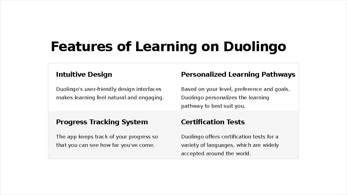 Features of Learning on Duolingo Intuitive Design Duolingo's user-friendly design interfaces makes learning feel natural and en