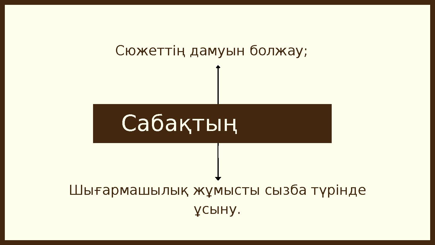 Сабақтың мақсаты: Шығармашылық жұмысты сызба түрінде ұсыну.Сюжеттің дамуын болжау;