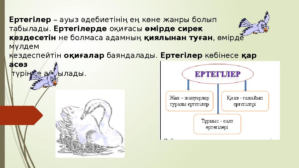 Ертегілер – ауыз әдебиетінің ең көне жанры болып табылады. Ертегілерде оқиғасы өмірде сирек кездесетін не болмаса адам