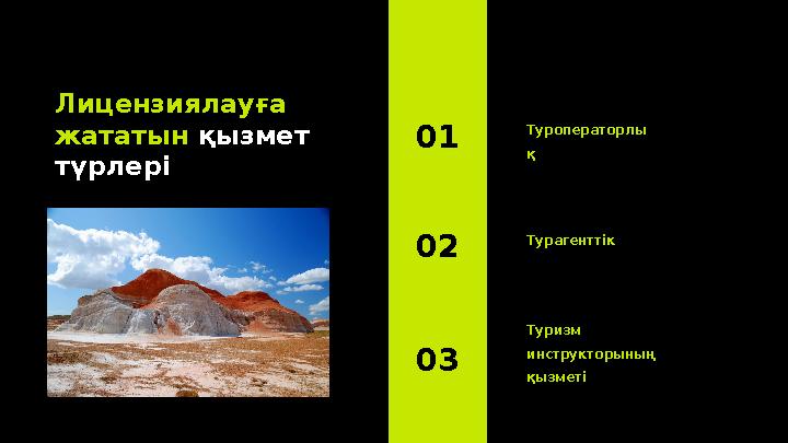 Лицензиялауға жататын қызмет түрлері Туроператорлы қ01 Турагенттік 02 Туризм инструкторының қызметі03