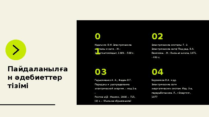 Пайдаланылға н әдебиеттер тізімі Идельчик В.И. Электрические системы и сети. - М.: Энергоатомиздат, 1989. - 588 с. 0 1 Герас