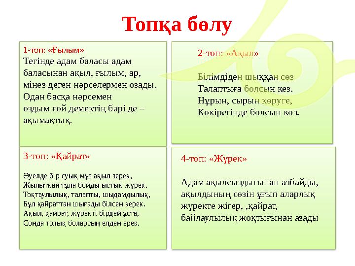 Топқа бөлу 1-топ: «Ғылым» Тегінде адам баласы адам баласынан ақыл, ғылым, ар, мінез деген нәрселермен озады. Одан басқ