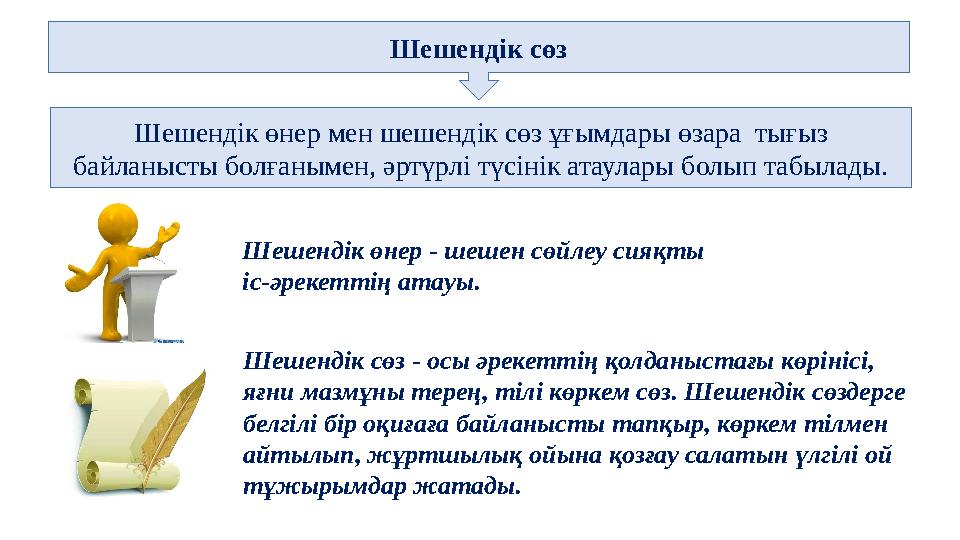 Шешендік сөз Шешендік өнер мен шешендік сөз ұғымдары өзара тығыз байланысты болғанымен, әртүрлі түсінік атаулары болып табылад