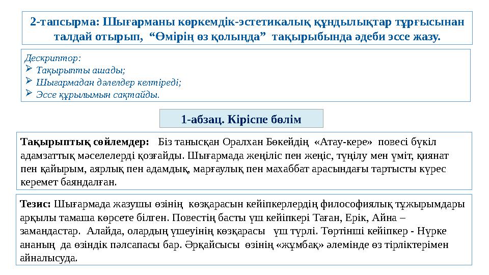 2-тапсырма: Шығарманы көркемдік - эстетикалық құндылықтар тұрғысынан талдай отырып, “Өмірің өз қолыңда” тақырыбында әдеби эсс