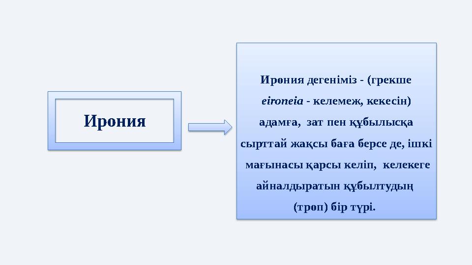 Ирония дегеніміз - (грекше еіrоnеіа - келемеж, кекесін) адамға, зат пен құбылысқа сырттай жақсы баға берсе де, ішкі мағын