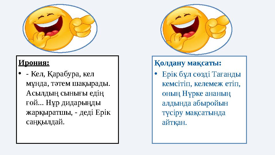 Қолдану мақсаты: • Ерік бұл сөзді Тағанды кемсітіп, келемеж етіп, оның Нүрке ананың алдында абыройын түсіру мақсатында айтқ