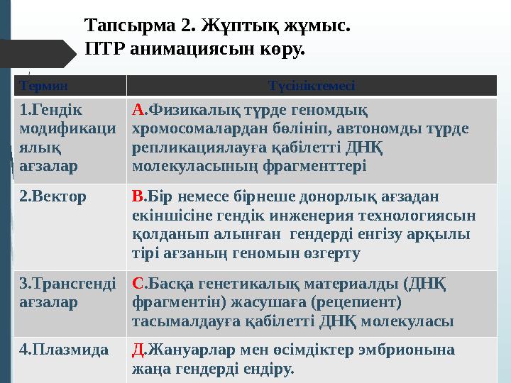 Тапсырма 2. Жұптық жұмыс. ПТР анимациясын көру. Термин Түсініктемесі 1.Гендік модификаци ялық ағзалар А .Физикалық түрде ге