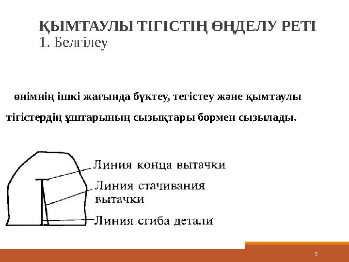 9ҚЫМТАУЛЫ ТІГІСТІҢ ӨҢДЕЛУ РЕТІ 1. Белгілеу өнімнің ішкі жағында бүктеу, тегістеу және қымтаулы тігістердің ұштарының с