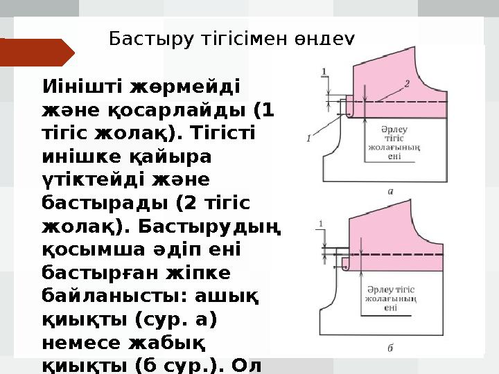 Бастыру тігісімен өңдеу Иінішті жөрмейді және қосарлайды (1 тігіс жолақ). Тігісті инішке қайыра үтіктейді және бастырады (2