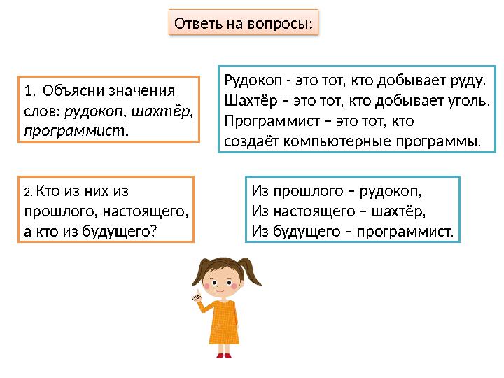 Ответь на вопросы: Из прошлого – рудокоп, Из настоящего – шахтёр, Из будущего – программист.1. Объясни значения слов : рудокоп,